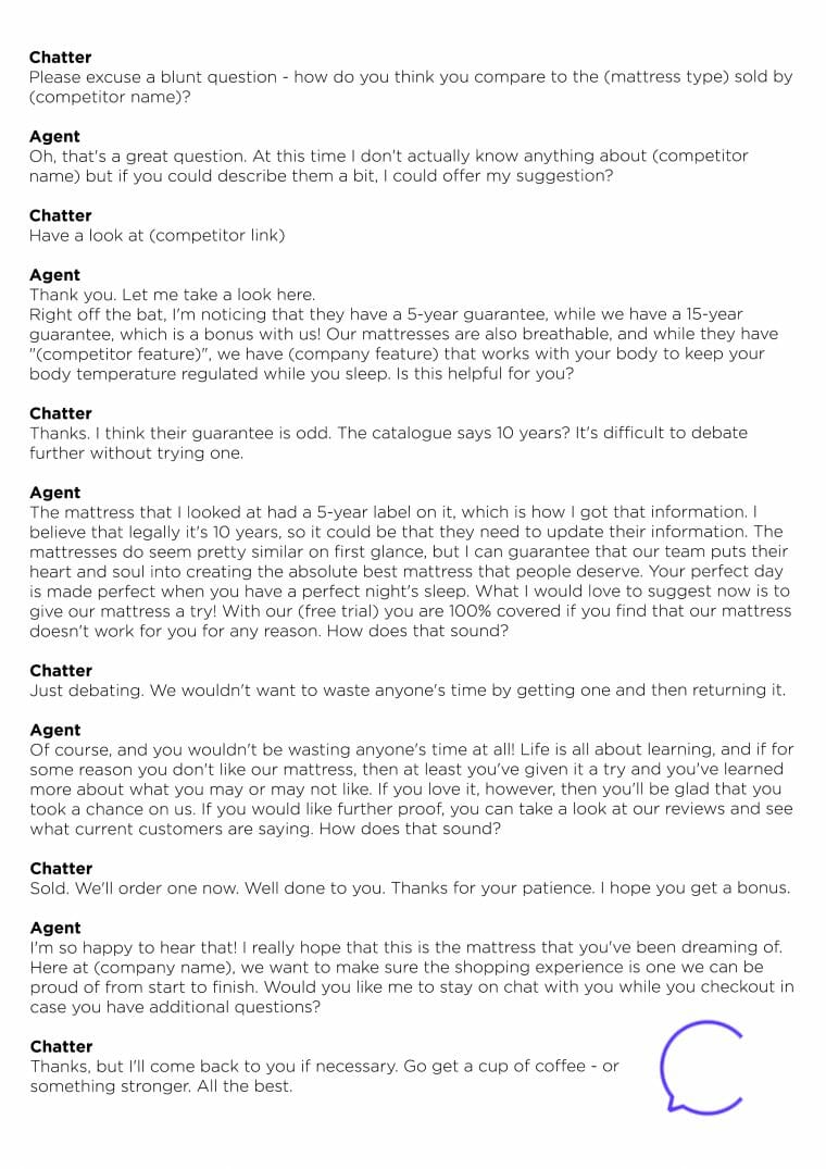 sales live chat transcript