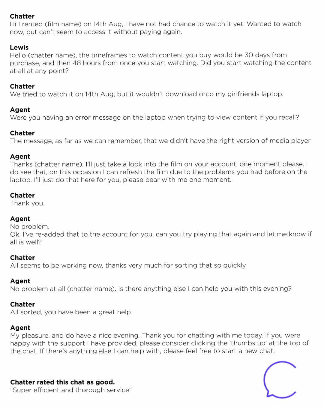 customer support live chat transcript