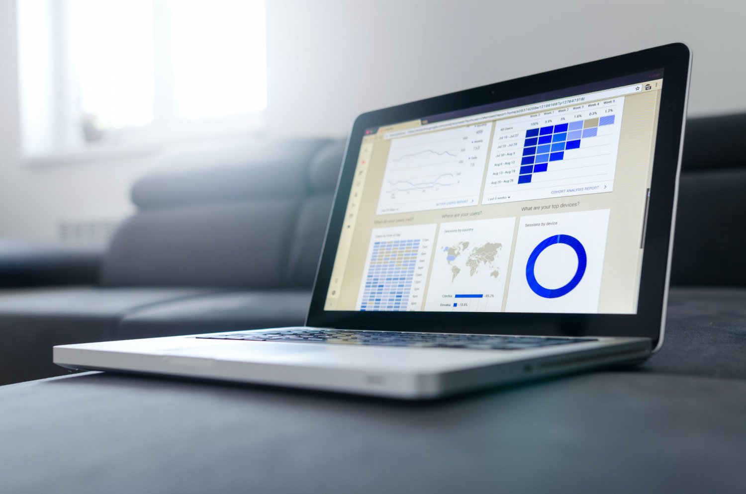 statistics and graphs on a laptop screen